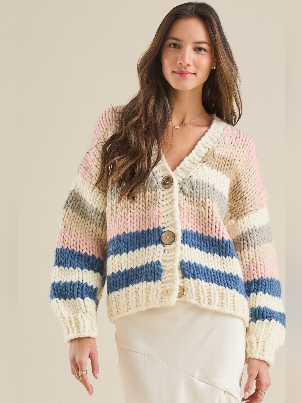 Altar’d State Remington Chunky Stripe Cardigan Sweater XS/S Cream Pink Blue